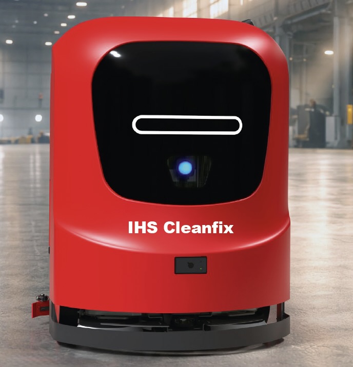 Front view of RA660 Navi XL autonomous floor-cleaning robot in a warehouse